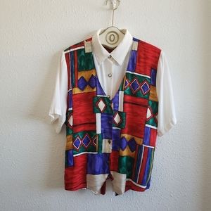 Vtg Caliche Short Sleeve Bright Abstract Blouse Button Down Top